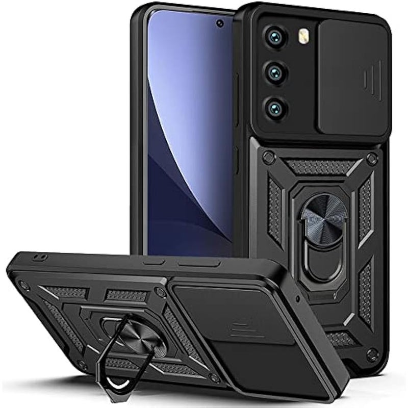 Sturdy Case for Motorola Moto G51 5G with Slide Camera Window, Heavy Duty Protection Phone Cover Case with Ring Stand for Motorola G51 5G SJ Black - Image 1